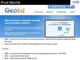 Pivot Marché
• 2007 : lancement d’un réseau social de proximité : premiers évènements organisés dans
des villes
• Levée de fonds pour financer le développement du réseau social
 Pivot
• 2008 : lancement d’une plateforme d’annonces géolocalisées pour TPE-PME
• 2013 : Levée de fonds de 3m€
• 2014 : 130 salariés, près de 15M€ de CA
 