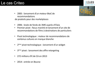 Le cas Criteo
• 2005 : lancement d’un moteur BtoC de
recommandations
de produits pour des marketplaces
• 2006 : levée de fonds de 3M€ auprès d’Elaia
• Premier pivot : focus marché et lancement d’un site de
recommandations de films à destinations de particuliers
• Pivot technologique : moteur de recommandations de
contenus cultures en marque blanche
• 2ème pivot technologique : lancement d’un widget
• 3ème pivot : lancement des offre retargeting
• 272 millions d’€ de CA en 2013
• 2014 : entrée en Bourse
 