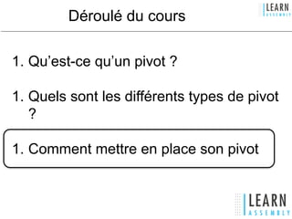 1. Qu’est-ce qu’un pivot ?
1. Quels sont les différents types de pivot
?
1. Comment mettre en place son pivot
Déroulé du cours
 