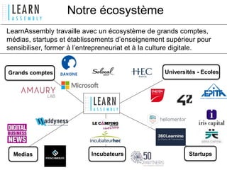 FORMATION
& R&D
CORPORATE INVETISSEURS MEDIA
ECOSYSTEME
LearnAssembly travaille avec un écosystème de grands comptes,
médias, startups et établissements d’enseignement supérieur pour
sensibiliser, former à l’entrepreneuriat et à la culture digitale.
Grands comptes
IncubateursMedias Startups
Universités - Ecoles
Notre écosystème
 