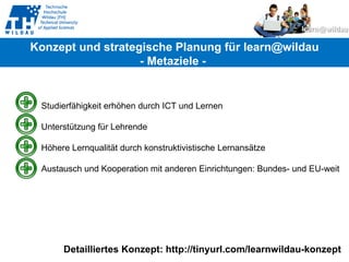 Studierfähigkeit erhöhen durch ICT und Lernen Unterstützung für Lehrende Höhere Lernqualität durch konstruktivistische Lernansätze Austausch und Kooperation mit anderen Einrichtungen: Bundes- und EU-weit Detailliertes Konzept: http://tinyurl.com/learnwildau-konzept Konzept und strategische Planung für learn@wildau - Metaziele -  