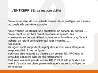 L’ENTREPRISE: sa responsabilité 
Votre entreprise: de quoi a-t-elle besoin: de se protéger des risques 
auxquels elle peut-être exposée 
Vous vendez un produit, une prestation, un service, du conseil…. 
Votre client, ou un tiers remet en cause sa qualité, des 
conséquences de son utilisation, la non-conformité à ce qu’ils ont 
acheté, un retard de livraison qui vous incombe….. 
Un salarié… 
Ils jugent qu’ils supportent un préjudice et vont vous attaquer en 
responsabilité: 2 cas de figure 
soit vous êtes assurés au travers d’un contrat RC PRO et si le 
préjudice est avéré l’assurance remboursera 
Soit vous n’a avez pas de contrat RC PRO et si le préjudice est 
avéré c’est sur vos biens personnels que vous serez obligés de 
rembourser 
 