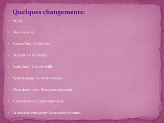  Ici- Là
 Hier- La veille
 Aujourd’hui- Ce jour-là
 Demain- Le lendemain
 Avant-hier - L’avant-veille
 Après demain- Le surlendemain
 Dans deux jours- Deux jours plus tard
 Cette semaine- Cette semaine-là
 La semaine prochaine- La semaine suivante.
Quelques changements:
 