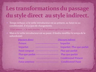  Temps verbaux: si le verbe introducteur est au présent, au futur ou au
conditionnel, il n’y a pas de changements.
Il lui assure : « Je suis sincère. » Il lui assure qu'il est sincère
 Mais si le verbe introducteur est au passé, il faudra modifier le temps de la
subordonné:
Discours direct Discours indirect
Présent -------------------------- Imparfait
Imparfait -------------------------- Imparfait/ Plus-que-parfait
Passé composé -------------------------- Plus-que-parfait
Plus-que-parfait -------------------------- Plus-que-parfait
Futur -------------------------- Conditionnel Présent
Futur antérieur -------------------------- Conditionnel Passé
 