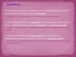  EXEMPLES:

• le verbe du discours direct est au présent, lors du passage du discours direct au
discours indirect le temps du verbe est l'imparfait.
    Il m'a dit : « J'ai un problème. » Il m'a dit qu'il avait un problème


•le verbe du discours direct est à l'imparfait, lors du passage du discours direct au
discours indirect le temps du verbe est l'imparfait ; ou au plus-que-parfait.
   Il a dit : « Je voulais boire. » Il a dit qu'il voulait boire. Il a dit qu’il avait voulu
   boire.


• le verbe du discours direct est passé composé, lors du passage du
discours direct au discours indirect le verbe se met au plus-que-parfait ;
   Jean affirma : « Mon frère a mangé son fruit. » Jean affirma que son frère avait
   mangé son fruit.
 