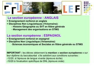 La section européenne : ANGLAIS
+ Enseignement renforcé en anglais
+ Disciplines Non Linguistiques (1h/semaine):
- Histoire Géographie ou SVT en filière générale
- Management des organisations en STMG
La section européenne : ESPAGNOL
+ Enseignement renforcé en espagnol
+ Discipline Non Linguistique (1h/semaine):
-Sciences économiques et Sociales en filière générale ou STMG
IMPORTANT : les élèves obtiennent la mention « section européenne » sur
leur diplôme du baccalauréat s’ils satisfont aux conditions suivantes :
-12/20 à l’épreuve de langue vivante (épreuve écrite)
-10/20 à l’évaluation spécifique de DNL (épreuve orale)
 