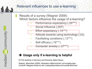Relevant influences to use e-learning  <ul><li>Results of a survey (Wagner 2009):  Which factors influence the usage of e-...