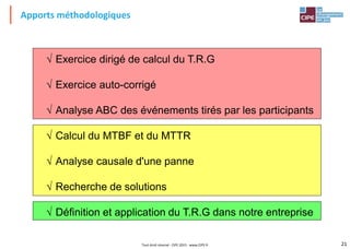 21Tout droit réservé - CIPE 2015 - www.CIPE.fr
Apports méthodologiques
 Exercice dirigé de calcul du T.R.G
 Exercice auto-corrigé
 Analyse ABC des événements tirés par les participants
 Calcul du MTBF et du MTTR
 Analyse causale d'une panne
 Recherche de solutions
 Définition et application du T.R.G dans notre entreprise
 