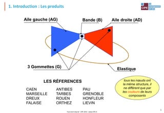 Tout droit réservé - CIPE 2015 - www.CIPE.fr
4
1. Introduction : Les produits
LES RÉFERENCES
CAEN
MARSEILLE
DREUX
FALAISE
ANTIBES
TARBES
ROUEN
ORTHEZ
PAU
GRENOBLE
HONFLEUR
LIEVIN
Aile gauche (AG)
3 Gommettes (G)
Bande (B) Aile droite (AD)
Elastique
tous les nœuds ont
la même structure, il
ne diffèrent que par
les couleurs de leurs
composants
 