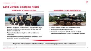 32
© 2025 Leonardo - Società per Azioni
Land Domain: emerging needs
1. CUC-T: Crewed Uncrewed Teaming
STRATEGIC & GEOPOLITICAL INDUSTRIAL & TECHNOLOGICAL
• Address increasing EU demand in Land vehicles (>€100
B market by 2030) which will represent ~40% of total EU
Defence investments
• Achieve National sovereignty on E2E Land Defense
capabilities
• Strengthened positioning of the Italian industry vs. next
generation wave of armored vehicles
• Unique offer of tracked and wheeled solutions
• Sustain Capacity Boost objectives
• Accelerate development of multi-domain-enabled
platforms and autonomy / CUC-T1 in the Land segment
Acquisition of Iveco Defence to further reinforce Leonardo strategic positioning in the Land domain
I N O R G A N I C G R O W T H
 
