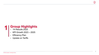 5
© 2025 Leonardo - Società per Azioni
Group Highlights
- 1H Results 2025
- KPI Growth 2023 – 2025
- Efficiency Plan
- Update on Tariffs
1
 
