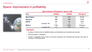 50
© 2025 Leonardo - Società per Azioni
Space: improvement in profitability
1 H 2 0 2 5 R e s u l t s
* Including proportional net income of TAS net of the effects of restructuring, non-recurring cost and PPA
Space Division (Telespazio + Space LoB)
€mln 1H2024 1H2025 Change %
New Orders 335 413 23.3%
Revenue 399 436 9.3%
EBITA 29 30 3.5%
Including TAS 1* 17 n.m.
ROS % 7.3% 6.9% (0.4) p.p.
Including TAS 0.3% 3.9% 3.6 p.p.
Highlights
• Increase in Orders driven by Satellite Systems and Operations and manufacturing business
• Revenue growth in Telespazio
• Growth in profitability mainly driven by services component and manufacturing business with signs of
recovery in TAS performance
 