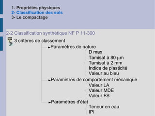 1- Propriétés physiques 2- Classification des sols 3- Le compactage Activité des argiles Mise en évidence de l'influence des propriétés colloïdales des sols très fins (argiles) sur les limites d'ATTERBERG % d'argile Ip 100% Illite : IA = 1 Kaolinite : IA = 0,42 100% 42% 133% Montmorillonite : IA = 1,33 