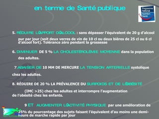 Neuf objectifs nutritionnels prioritaires en terme de Santé publique 5.  RÉDUIRE L’APPORT D’ALCOOL  : sans dépasser l’équivalent de 20 g d’alcool pur par jour (soit deux verres de vin de 10 cl ou deux bières de 25 cl ou 6 cl d’alcool fort). Tolérance zéro pendant la grossesse 6.  DIMINUER   DE 5 %  LA CHOLESTÉROLÉMIE MOYENNE  dans la population des adultes. 7 .ABAISER DE  10 MM DE MERCURE  LA TENSION ARTERIELLE  systolique chez les adultes. 8. RÉDUIRE DE 20 % LA PRÉVALENCE DU  SURPOIDS ET DE L’OBÉSITÉ (IMC >25) chez les adultes et interrompre l’augmentation de l’obésité chez les enfants. 9  ET  AUGMENTER L’ACTIVITÉ PHYSIQUE   par une amélioration de 25% du pourcentage des sujets faisant l’équivalent d’au moins une demi-heure de marche rapide par jour 
