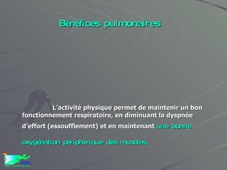 Bénéfices pulmonaires L’activité physique permet de maintenir un bon fonctionnement respiratoire, en diminuant la dyspnée d’effort (essoufflement) et en maintenant  une bonne oxygénation périphérique des muscles.  Par ailleurs, la plupart des asthmatiques voit leur aptitude respiratoire améliorée lors de la pratique d’activité physique et sportive   