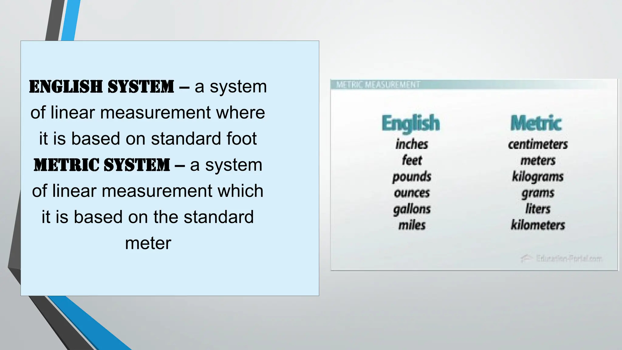 English system – a system
of linear measurement where
it is based on standard foot
Metric system – a system
of linear measurement which
it is based on the standard
meter
 