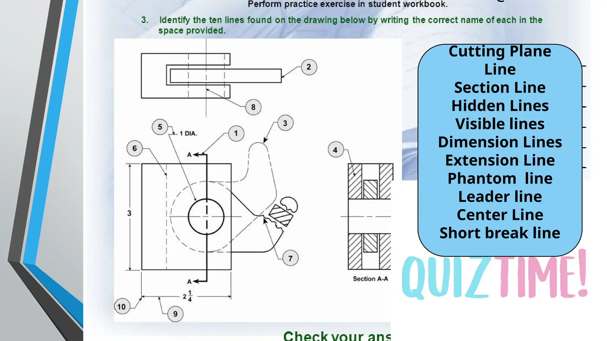 C
Cutting Plane
Line
Section Line
Hidden Lines
Visible lines
Dimension Lines
Extension Line
Phantom line
Leader line
Center Line
Short break line
 