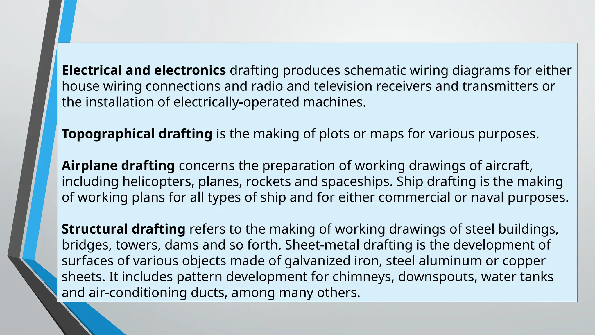 Electrical and electronics drafting produces schematic wiring diagrams for either
house wiring connections and radio and television receivers and transmitters or
the installation of electrically-operated machines.
​
Topographical drafting is the making of plots or maps for various purposes.
Airplane drafting concerns the preparation of working drawings of aircraft,
including helicopters, planes, rockets and spaceships. Ship drafting is the making
of working plans for all types of ship and for either commercial or naval purposes.
Structural drafting refers to the making of working drawings of steel buildings,
bridges, towers, dams and so forth. Sheet-metal drafting is the development of
surfaces of various objects made of galvanized iron, steel aluminum or copper
sheets. It includes pattern development for chimneys, downspouts, water tanks
and air-conditioning ducts, among many others.
 