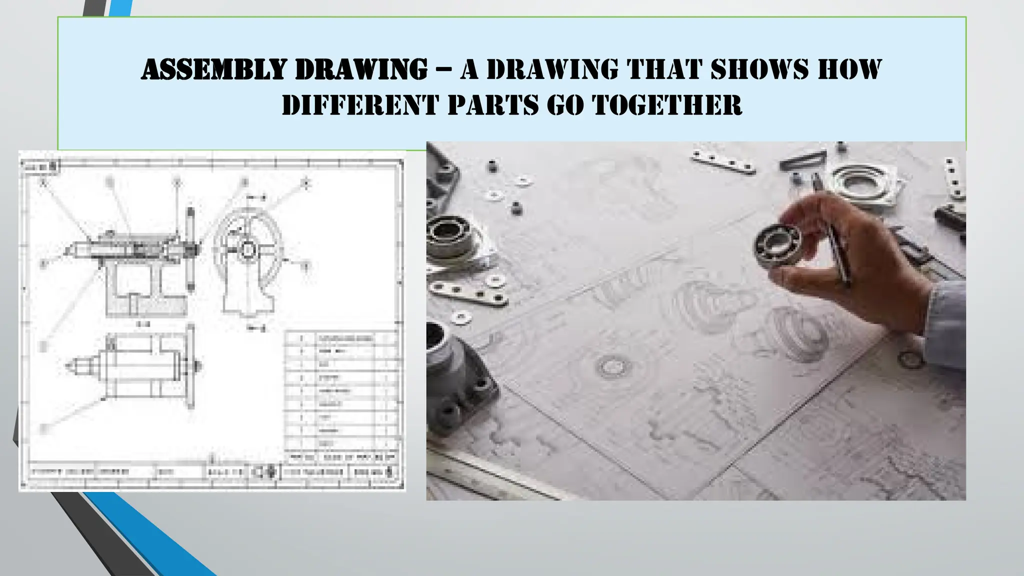 Assembly drawing – a drawing that shows how
different parts go together
 