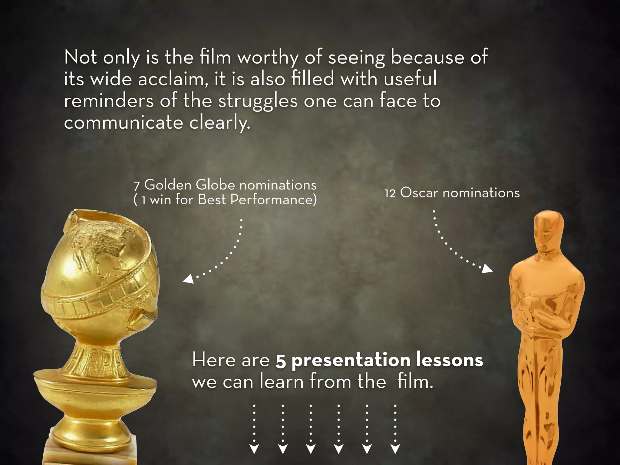 Not only is the ﬁlm worthy of seeing because of
its wide acclaim, it is also ﬁlled with useful
reminders of the struggles one can face to
communicate clearly.

       7 Golden Globe nominations
       ( 1 win for Best Performance)   12 Oscar nominations




                Here are 5 presentation lessons
                we can learn from the ﬁlm.
 