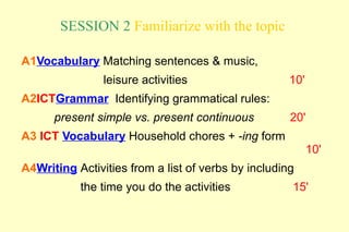 SESSION 2 Familiarize with the topic

A1Vocabulary Matching sentences & music,
                leisure activities                   10'
A2ICTGrammar Identifying grammatical rules:
      present simple vs. present continuous          20'
A3 ICT Vocabulary Household chores + -ing form
                                                           10'
A4Writing Activities from a list of verbs by including
           the time you do the activities            15'
 