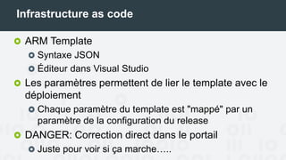 Infrastructure as code
ARM Template
Syntaxe JSON
Éditeur dans Visual Studio
Les paramètres permettent de lier le template avec le
déploiement
Chaque paramètre du template est "mappé" par un
paramètre de la configuration du release
DANGER: Correction direct dans le portail
Juste pour voir si ça marche…..
 