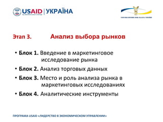 Этап 3. Анализ выбора рынков
• Блок 1. Введение в маркетинговое
исследование рынка
• Блок 2. Анализ торговых данных
• Блок 3. Место и роль анализа рынка в
маркетинговых исследованиях
• Блок 4. Аналитические инструменты
ПРОГРАМА USAID «ЛИДЕРСТВО В ЭКОНОМИЧЕСКОМ УПРАВЛЕНИИ»
 