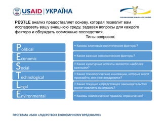 ПРОГРАМА USAID «ЛІДЕРСТВО В ЕКОНОМІЧНОМУ ВРЯДУВАННІ»
Political
Economic
Social
Technological
Legal
Environmental
PESTLE анализ предоставляет основу, которая позволит вам
исследовать вашу внешнюю среду, задавая вопросы для каждого
фактора и обсуждать возможные последствия.
Типы вопросов:
• Каковы ключевые политические факторы?
• Какие важные экономические факторы?
• Какие культурные аспекты являются наиболее
важными?
• Какие технологические инновации, которые могут
произойти, или уже внедряются?
• Какие текущие и предстоящее законодательство
может повлиять на отрасль?
• Каковы экологические правила, ограничения?
 