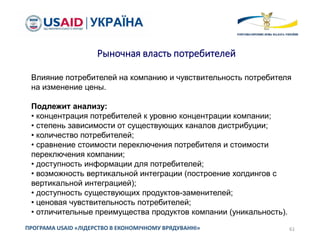 61ПРОГРАМА USAID «ЛІДЕРСТВО В ЕКОНОМІЧНОМУ ВРЯДУВАННІ»
Рыночная власть потребителей
Влияние потребителей на компанию и чувствительность потребителя
на изменение цены.
Подлежит анализу:
• концентрация потребителей к уровню концентрации компании;
• степень зависимости от существующих каналов дистрибуции;
• количество потребителей;
• сравнение стоимости переключения потребителя и стоимости
переключения компании;
• доступность информации для потребителей;
• возможность вертикальной интеграции (построение холдингов с
вертикальной интеграцией);
• доступность существующих продуктов-заменителей;
• ценовая чувствительность потребителей;
• отличительные преимущества продуктов компании (уникальность).
 