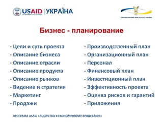 ПРОГРАМА USAID «ЛІДЕРСТВО В ЕКОНОМІЧНОМУ ВРЯДУВАННІ»
Бизнес - планирование
- Цели и суть проекта
- Описание бизнеса
- Описание отрасли
- Описание продукта
- Описание рынков
- Видение и стратегия
- Маркетинг
- Продажи
- Производственный план
- Организационный план
- Персонал
- Финансовый план
- Инвестиционный план
- Эффективность проекта
- Оценка рисков и гарантий
- Приложения
 