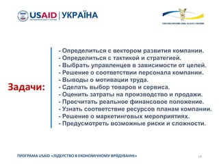 14ПРОГРАМА USAID «ЛІДЕРСТВО В ЕКОНОМІЧНОМУ ВРЯДУВАННІ»
Задачи:
- Определиться с вектором развития компании.
- Определиться с тактикой и стратегией.
- Выбрать управленцев в зависимости от целей.
- Решение о соответствии персонала компании.
- Выводы о мотивации труда.
- Сделать выбор товаров и сервиса.
- Оценить затраты на производство и продажи.
- Просчитать реальное финансовое положение.
- Узнать соответствие ресурсов планам компании.
- Решение о маркетинговых мероприятиях.
- Предусмотреть возможные риски и сложности.
 