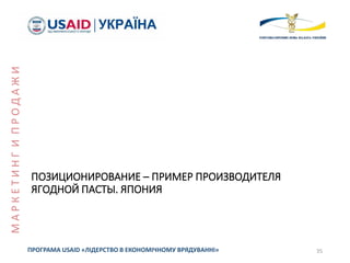 ПОЗИЦИОНИРОВАНИЕ – ПРИМЕР ПРОИЗВОДИТЕЛЯ
ЯГОДНОЙ ПАСТЫ. ЯПОНИЯ
35ПРОГРАМА USAID «ЛІДЕРСТВО В ЕКОНОМІЧНОМУ ВРЯДУВАННІ»
МАРКЕТИНГИПРОДАЖИ
 