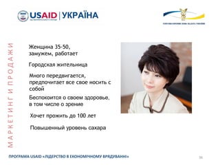 36ПРОГРАМА USAID «ЛІДЕРСТВО В ЕКОНОМІЧНОМУ ВРЯДУВАННІ»
Женщина 35-50,
замужем, работает
Городская жительница
Беспокоится о своем здоровье,
в том числе о зрение
Повышенный уровень сахара
Хочет прожить до 100 лет
МАРКЕТИНГИПРОДАЖИ
Много передвигается,
предпочитает все свое носить с
собой
 