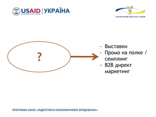 ?
- Выставки
- Промо на полке /
семплинг
- В2В директ
маркетинг
ПРОГРАМА USAID «ЛІДЕРСТВО В ЕКОНОМІЧНОМУ ВРЯДУВАННІ»
 