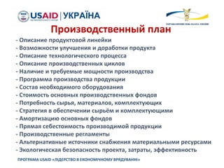 ПРОГРАМА USAID «ЛІДЕРСТВО В ЕКОНОМІЧНОМУ ВРЯДУВАННІ»
Производственный план
- Описание продуктовой линейки
- Возможности улучшения и доработки продукта
- Описание технологического процесса
- Описание производственных циклов
- Наличие и требуемые мощности производства
- Программа производства продукции
- Состав необходимого оборудования
- Стоимость основных производственных фондов
- Потребность сырья, материалов, комплектующих
- Стратегия в обеспечении сырьём и комплектующими
- Амортизацию основных фондов
- Прямая себестоимость производимой продукции
- Производственные регламенты
- Альтернативные источники снабжения материальными ресурсами
- Экологическая безопасность проекта, затраты, эффективность
 