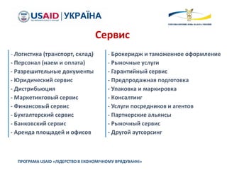 ПРОГРАМА USAID «ЛІДЕРСТВО В ЕКОНОМІЧНОМУ ВРЯДУВАННІ»
Сервис
- Логистика (транспорт, склад)
- Персонал (наем и оплата)
- Разрешительные документы
- Юридический сервис
- Дистрибьюция
- Маркетинговый сервис
- Финансовый сервис
- Бухгалтерский сервис
- Банковский сервис
- Аренда площадей и офисов
- Брокеридж и таможенное оформление
- Рыночные услуги
- Гарантийный сервис
- Предпродажная подготовка
- Упаковка и маркировка
- Консалтинг
- Услуги посредников и агентов
- Партнерские альянсы
- Рыночный сервис
- Другой аутсорсинг
 