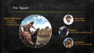 The Squad
York Lewis:
Clark’s Salve
Seaman:
Lewis’ Newfoundland Dog
Sacagawea:
Their Shoshone guide
Corpse of Discovery:
• 21 Soldiers
• 18 River men
• Trained by Clark
 