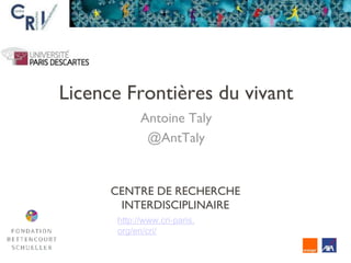 Licence Frontières du vivant
Antoine Taly
@AntTaly
CENTRE DE RECHERCHE
INTERDISCIPLINAIRE
http://www.cri-paris.
org/en/cri/
 