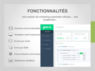 FONCTIONNALITÉS
Une solution de marketing automation efficace… tout
simplement .
Scénarios personnalisables
Envois par email
Envoi par SMS
Templates email responsive
Personnalisation automatique
Statistiques détaillées
 