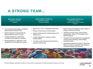 A STRONG TEAM… BERNARD GIRAUD Livelihoods Venture President JEAN-PIERRE RENNAUD   Livelihoods Venture  General Delegate GUILLAUME BOUCULAT  Livelihoods Venture  Finance and Carbon Finance Director Vice-President Sustainability and Shared Value Creation Danone Group Director General of Corporate Social Responsibility Europe for 3 years   10 years experience in structuring innovative social projects for Danone  Strong experience in agriculture, rural development and developing countries Agronomist / Ph.D. in analytical biochemistry Director of the Danone Fund for Nature   Director of Environment, Danone Group from 2004 to 2010  6 years experience in setting up carbon related projects 15 years as plant top executive (Danone-Lu, Danone-Kronenbourg)   ESCP Europe and Dauphine master degree in Energy, Finance and Carbon Climate Economics Chair, Forest Carbon specialization. Author of "The carbon risk in forestry projects" 10 years of financial experience (management control, financial auditing, credit analysis, investment bank) International experience (3 years in Brazil and Mexico, 6 years in connection with emerging countries including Latin America) *  3 Project Managers specialized in carbon or forest carbon, management of NGOs, development finance to be hired 
