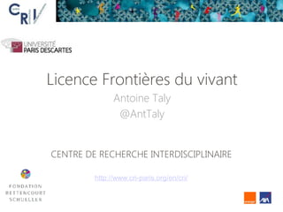 Licence Frontières du vivant
Antoine Taly
@AntTaly
CENTRE DE RECHERCHE INTERDISCIPLINAIRE
http://www.cri-paris.org/en/cri/

 
