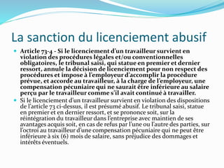 La sanction du licenciement abusif
 Article 73-4 - Si le licenciement d’un travailleur survient en
violation des procédur...