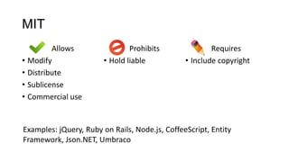 MIT
Allows
• Modify
• Distribute
• Sublicense
• Commercial use
Prohibits
• Hold liable
Requires
• Include copyright
Examples: jQuery, Ruby on Rails, Node.js, CoffeeScript, Entity
Framework, Json.NET, Umbraco
 