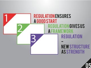 1       RegulatioN ensures
        A Good Start

    2           RegulatioN Gives US
                A FRAMEWORK

        ...