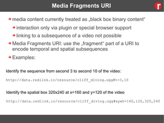 Media Fragments URI
➔ media content currently treated as „black box binary content“
➔ interaction only via plugin or special browser support
➔ linking to a subsequence of a video not possible
➔ Media Fragments URI: use the „fragment“ part of a URI to
encode temporal and spatial subsequences
➔ Examples:
Identify the sequence from second 3 to second 10 of the video:
http://data.redlink.io/resource/cliff_diving.ogg#t=3,10
Identify the spatial box 320x240 at x=160 and y=120 of the video
http://data.redlink.io/resource/cliff_diving.ogg#xywh=160,120,320,240
 