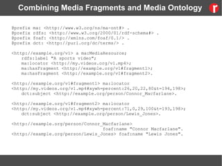 Combining Media Fragments and Media Ontology
@prefix ma: <http://www.w3.org/ns/ma-ont#> .
@prefix rdfs: <http://www.w3.org/2000/01/rdf-schema#> .
@prefix foaf: <http://xmlns.com/foaf/0.1/> .
@prefix dct: <http://purl.org/dc/terms/> .
<http://example.org/v1> a ma:MediaResource;
rdfs:label "A sports video";
ma:locator <http://my.videos.org/v1.mp4>;
ma:hasFragment <http://example.org/v1#fragment1>;
ma:hasFragment <http://example.org/v1#fragment2>.
<http://example.org/v1#fragment1> ma:locator
<http://my.videos.org/v1.mp4#xywh=percent:26,20,22,80&t=194,198>;
dct:subject <http://example.org/person/Connor_Macfarlane>.
<http://example.org/v1#fragment2> ma:locator
<http://my.videos.org/v1.mp4#xywh=percent:71,0,29,100&t=193,198>;
dct:subject <http://example.org/person/Lewis_Jones>.
<http://example.org/person/Connor_Macfarlane>
foaf:name "Connor Macfarlane".
<http://example.org/person/Lewis_Jones> foaf:name "Lewis Jones".
 