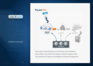 Pay per UseNous créons votre SAI. Nous vous formons à son utilisation. Vous utilisez. Sans limite. Vous payez un droit d’usage annuel.Vous prenez en charge vos campagnes et le lead management.IntroductionLa génération de leads B2B est casséeQuelle solution apporter ?La démarcheque nous proposonsModèles économiquesQuelques réalisations probantesSynthèse 13