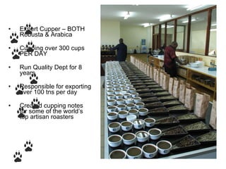 Expert Cupper – BOTH Robusta & Arabica Cupping over 300 cups PER DAY Run Quality Dept for 8 years Responsible for exporting over 100 tns per day Created cupping notes for some of the world’s top artisan roasters 