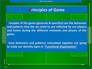 Principles of Game
Principles of the game (generals & specifics) are the behaviors
and patterns that the we want to see reflected by our players
and teams during the different moments and phases of the
game.
These behaviors and patterns articulated together are going
to make our identity signs or “Functional Organization”
MSc Juan Luis Delgado
 