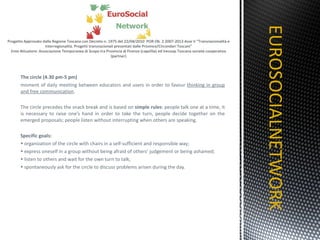 The circle (4.30 pm-5 pm) moment of daily meeting between educators and users in order to favour  thinking in group and free communication .  The circle precedes the snack break and is based on  simple rules : people talk one at a time, it is necessary to raise one’s hand in order to take the turn, people decide together on the emerged proposals; people listen without interrupting when others are speaking.  Specific goals: organization of the circle with chairs in a self-sufficient and responsible way; express oneself in a group without being afraid of others’ judgement or being ashamed; listen to others and wait for the own turn to talk; spontaneously ask for the circle to discuss problems arisen during the day. EUROSOCIALNETWORK TITOLO 